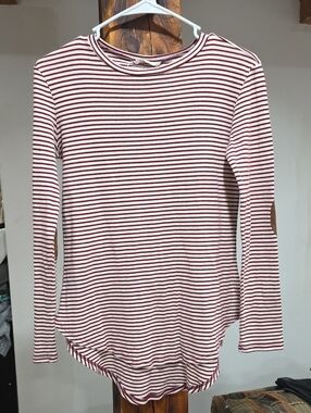 Cherish Burgundy and White Striped Long-Sleeve Crewneck Top